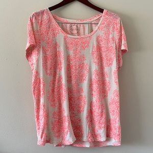 Lucky Brand Ecru Neon Coral Print Short Sleeve Top Size 2X